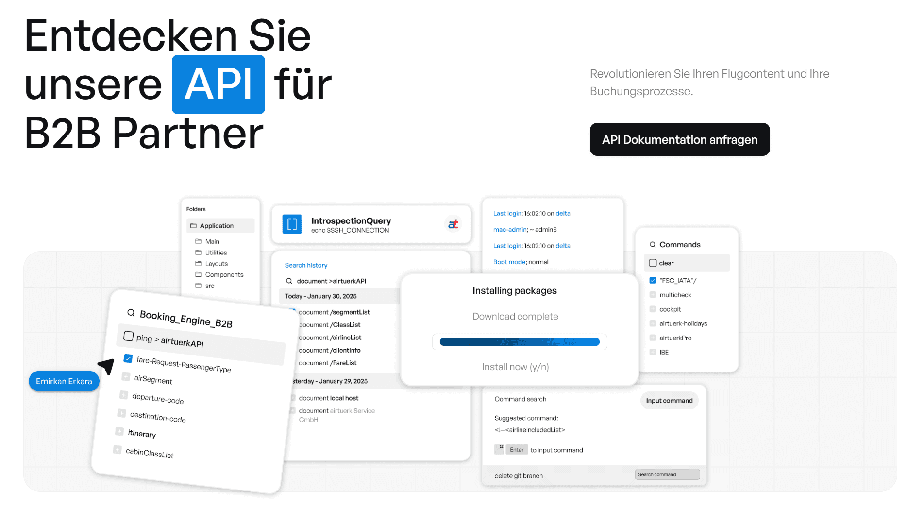 The airtuerk B2B partner API landing page in German, headlined discover our API for B2B partners, with floating interface panels showing a booking engine query, a command palette and a package installation dialogue