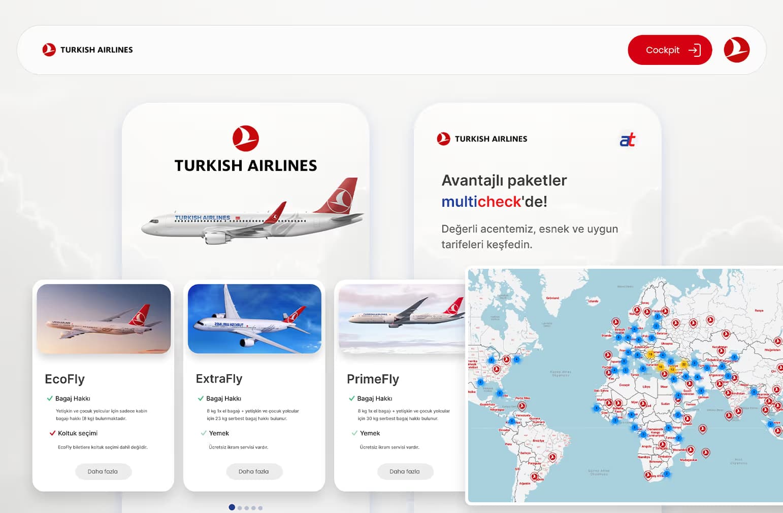 The multicheck booking view for a Turkish Airlines fare, showing three comparable fare families named EcoFly, ExtraFly and PrimeFly with baggage and meal entitlements, next to a world map of route coverage