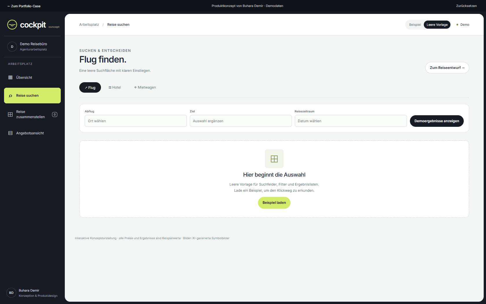 Empty Cockpit search template with product tabs, blank input fields and an option to load demo results.