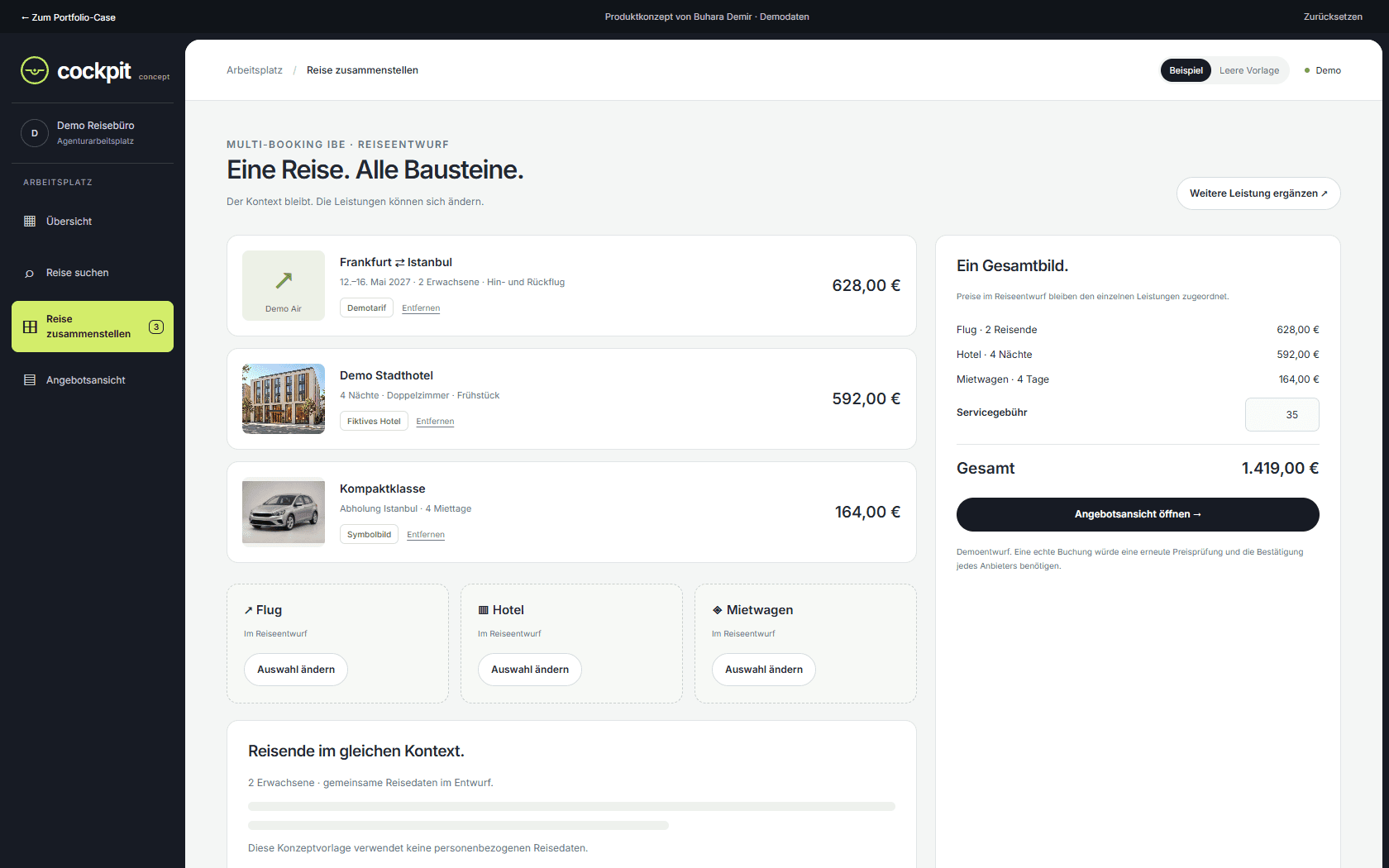 Cockpit concept trip composer showing flight, hotel, rental car, a separate service fee and the total price.
