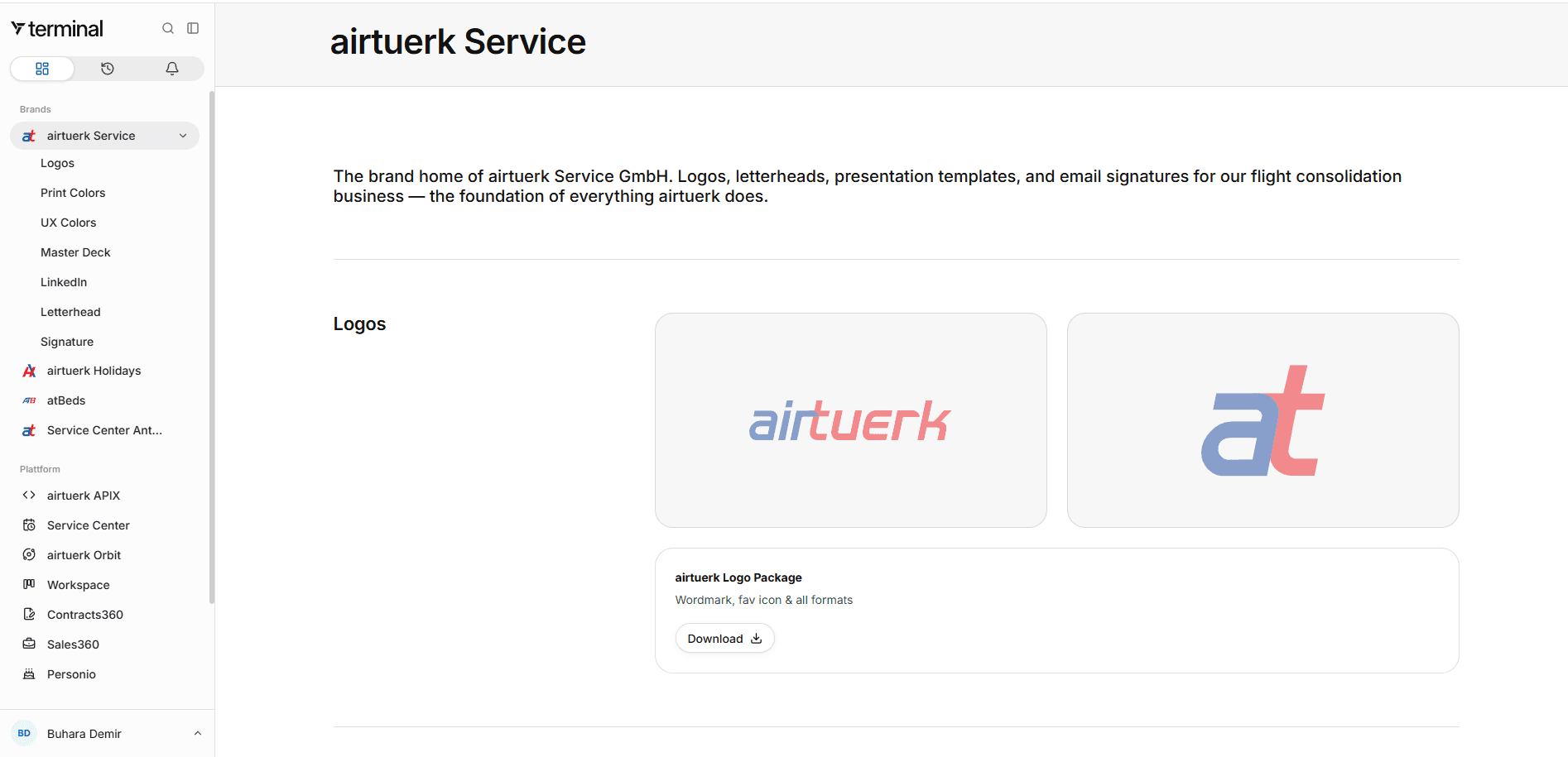 The brand hub inside terminal, showing logos, print colours, UX colours and downloadable brand assets for airtuerk Service