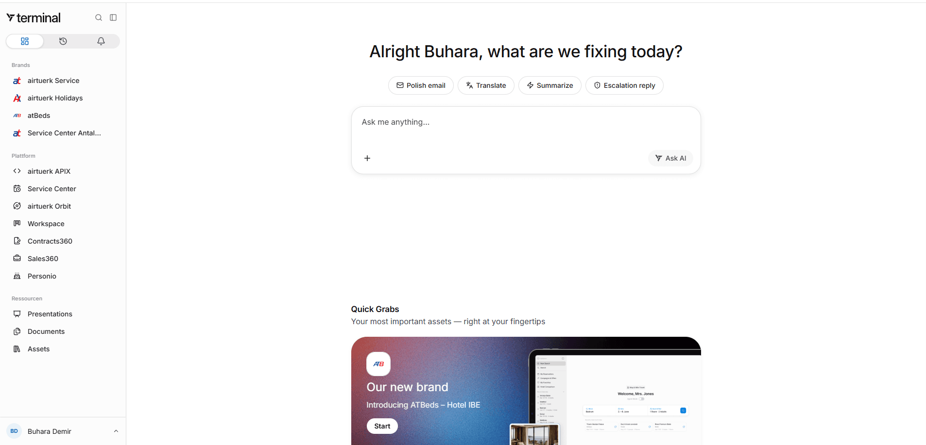 The terminal home screen with an AI prompt, quick actions for email, translation and summaries, and a sidebar listing four brands and eight platform modules