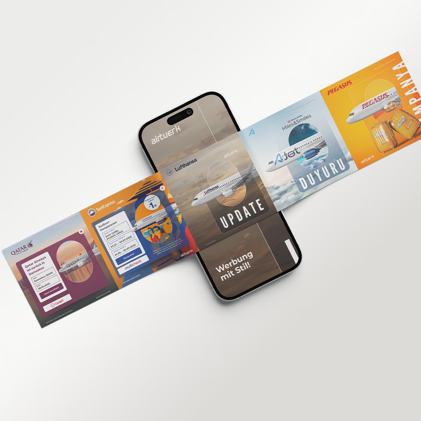 Airline campaign creatives shown on a phone and two folded panels, covering Qatar Airways, SunExpress, Lufthansa, AJet with Miles and Smiles, and Pegasus, labelled Update, Duyuru and Kampanya