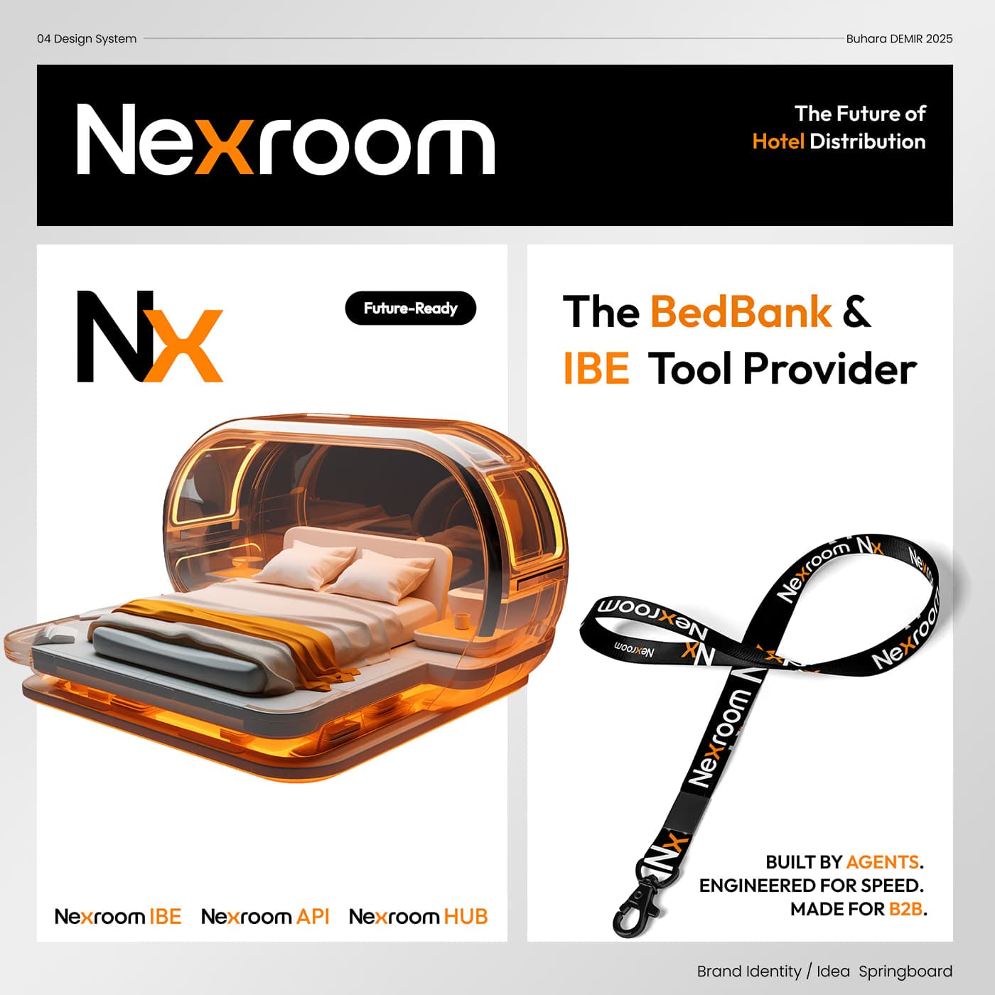 A brand identity board for Nexroom headed The Future of Hotel Distribution, with the Nx monogram, a rendered orange sleeping pod, a printed lanyard, and the three product names Nexroom IBE, Nexroom API and Nexroom HUB