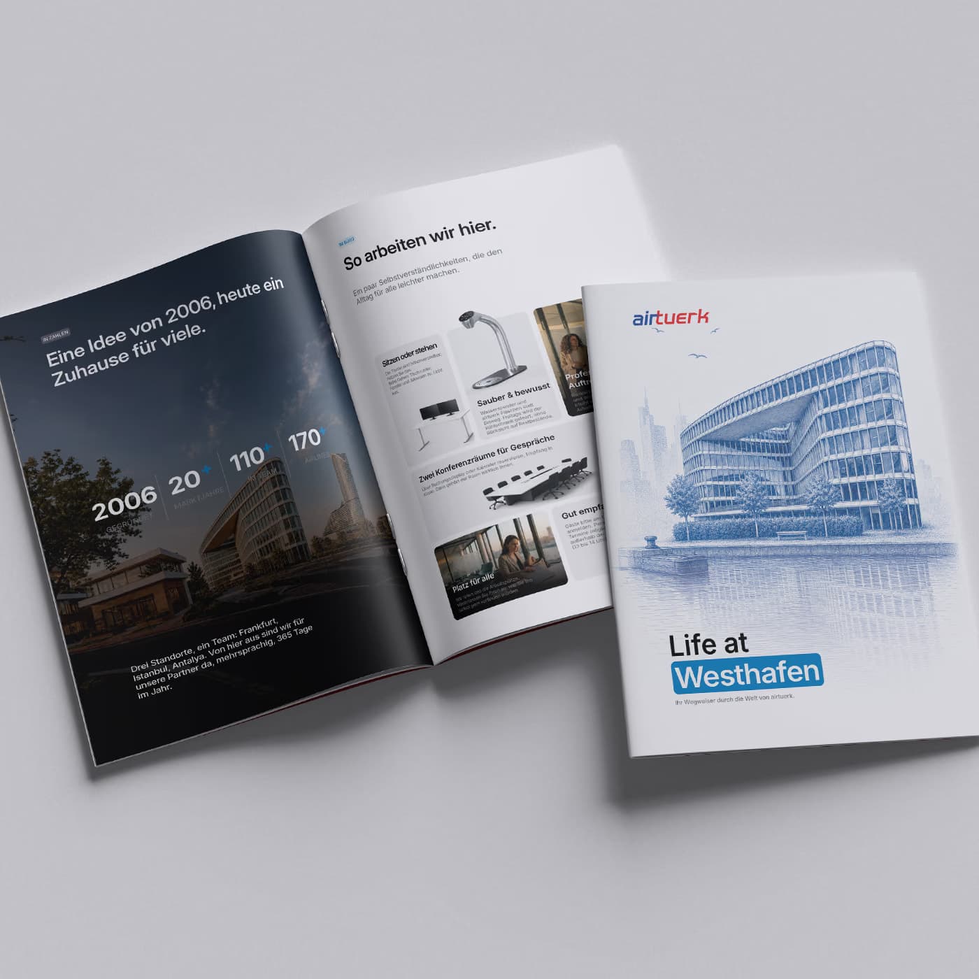 The Life at Westhafen employee magazine, with a cover carrying a blue line drawing of the airtuerk headquarters and an open spread setting the founding year 2006 and three further figures over a photograph of the building
