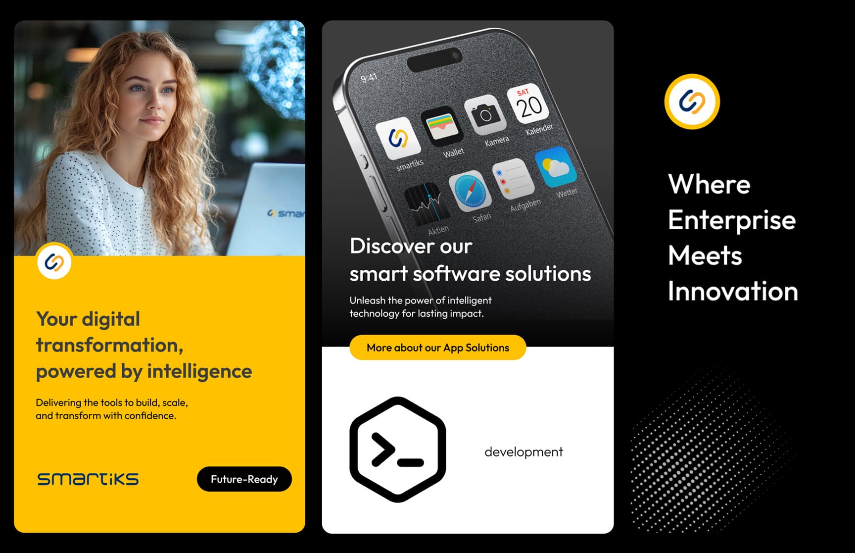 Three Smartiks social cards side by side, a yellow card reading your digital transformation powered by intelligence, a dark card showing an iPhone home screen with the Smartiks app icon, and a black card reading where enterprise meets innovation