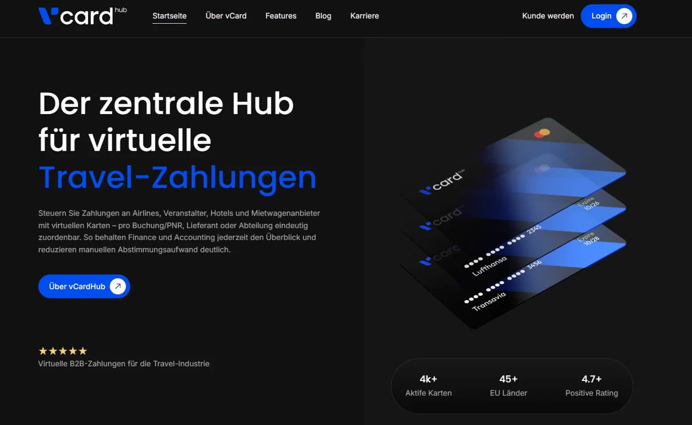 The vCardHub landing page in German, headlined the central hub for virtual travel payments, with three stacked virtual cards carrying airline names and counters for active cards and EU countries